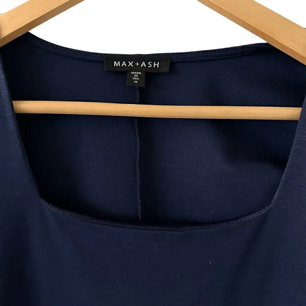 Max + Ash‎ Navy Blue Square Neck 3/4 Sleeve Polyester Bodycon Midi Dress Size M